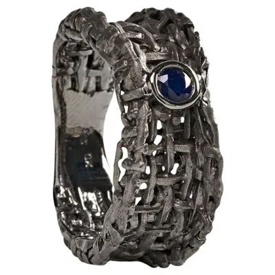 Pre-owned German Kabirski Oren Black Rhodium Plated Silver Band Ring With Blue Sapphire