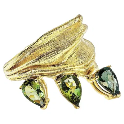 Pre-owned German Kabirski Oya Textured 14k Gold Ring With Pear Cut Green Tourmaline