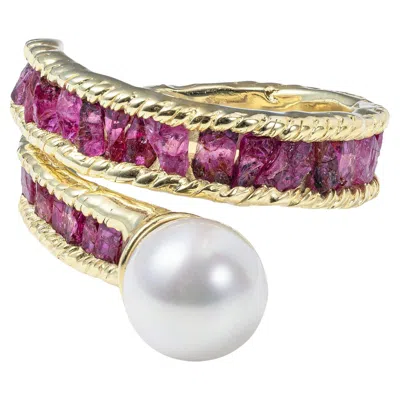 Pre-owned German Kabirski Rhea 18k Gold Plated Silver Ring With Raw Rubies & Pearl In Multi