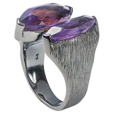 Pre-owned German Kabirski Roones Black Rhodium Plated Silver Ring With Amethyst In Purple