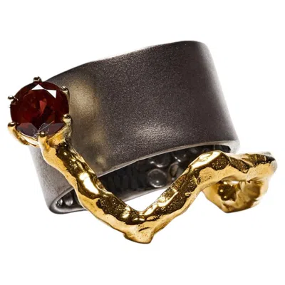 Pre-owned German Kabirski Rowena Black Rhodium & 18k Gold Plated Silver Ring With Garnet