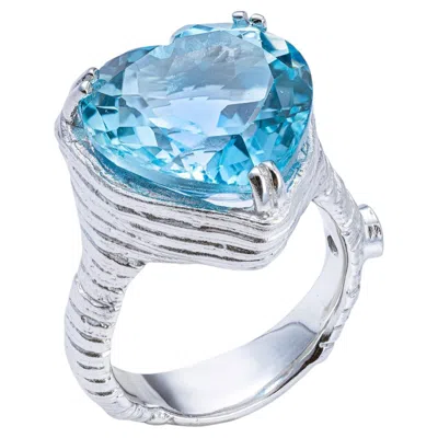 Pre-owned German Kabirski Skyra Rhodium Plated Silver Ring With Heart Cut Blue Topaz