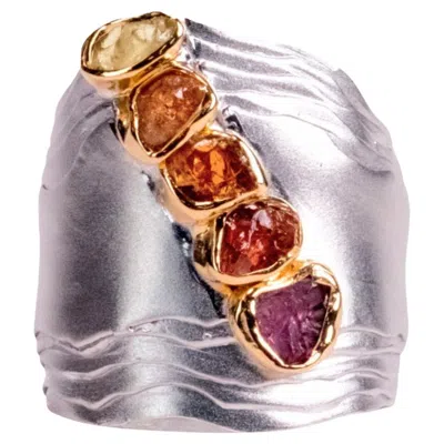 Pre-owned German Kabirski Stratu 18k Gold Plated Silver Ring With Mixed Rough Gemstones In Multi