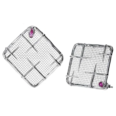 Pre-owned German Kabirski Takhi Silver & Titanium Mesh Drop Earrings With Raw Ruby In Multi