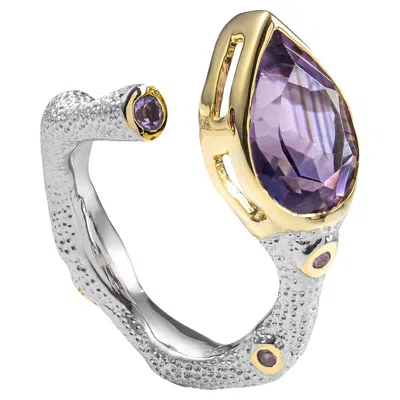 Pre-owned German Kabirski Tangaroa 18k Gold Plated Silver Open Band Ring With Amethyst In Purple