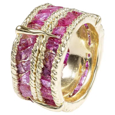 Pre-owned German Kabirski Tartine Wide Band 18k Gold Plated Silver Ring With Raw Ruby In Multi