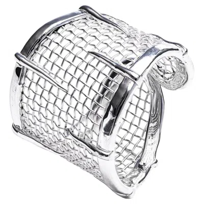Pre-owned German Kabirski Tessera 925 Silver & Titanium Mesh Adjustable Open Band Ring In Multi