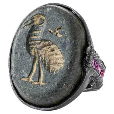 Pre-owned German Kabirski Thoth 925 Sterling Silver Ring With Rough Ruby & Ibis Amulet In Multi