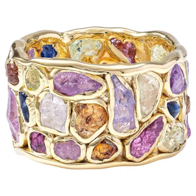 Pre-owned German Kabirski Thunder 18k Gold Plated Silver Barrel Ring With Rough Gemstones In Multiple