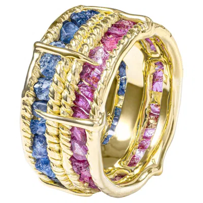 Pre-owned German Kabirski Tyra 14k Gold Plated Silver Ring With Raw Blue Sapphire & Ruby