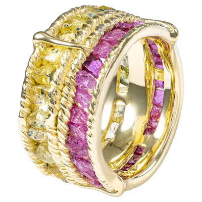 Pre-owned German Kabirski Tyra 14k Gold Plated Silver Ring With Raw Sapphire & Ruby In Blue