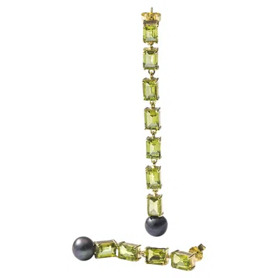 Pre-owned German Kabirski Vera 18k Gold Plated Silver Earrings With Peridot & Black Pearl