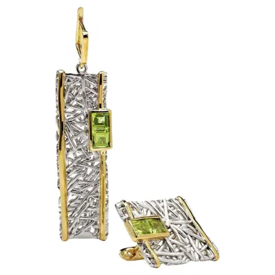Pre-owned German Kabirski Verina 18k Gold Plated Silver Dangle Earrings With Peridot In Multi