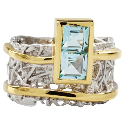 Pre-owned German Kabirski Verina Rhodium Plated 925 Silver With Princess Cut Blue Topaz
