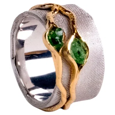 Pre-owned German Kabirski Vissa Gold & White Rhodium Plated Silver Ring With Raw Tsavorite