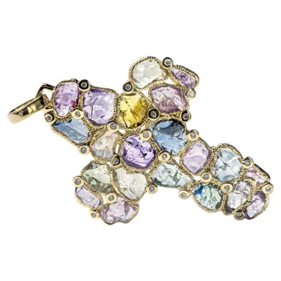 Pre-owned German Kabirski Vivace 14k Gold Cross Pendant With Raw Sapphire & Diamond In Blue
