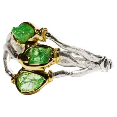 Pre-owned German Kabirski Vogg Gold Plated Silver Ring With Raw Tsavorite & Black Spinel