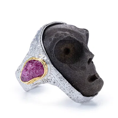 German Kabirski Women's Black / Pink / Silver Moros Silver Ring With Ancient Mediterranean Limestone Maskette And Ro In Multi