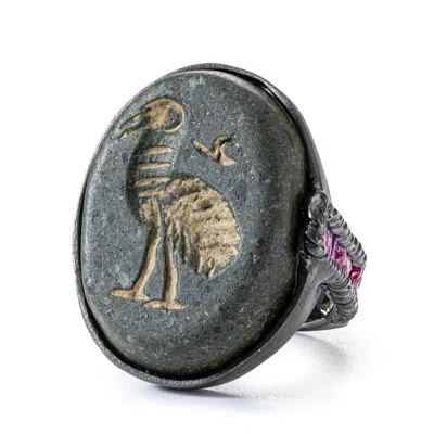 German Kabirski Women's Black / Pink Thoth Silver Ring With Ancient Near Eastern Steatite Ibis Amulet And Rough Ruby In Multi