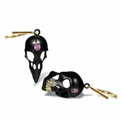 German Kabirski Women's Black / Purple / Gold Calvina Skull Motif Asymmetric Silver Earrings With Natural Amethyst