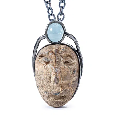German Kabirski Women's Blue / Brown Strix Silver Pendant With Ancient Mediterranean Limestone Maskette And Oval Aqu In Multi