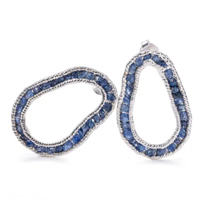 German Kabirski Women's Blue / Silver Arven Anti-tarnish Plated Silver Designer Earrings With Raw Blue Sapphire In Multi