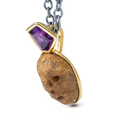 German Kabirski Women's Brown / Gold / Purple Flora Silver Pendant With Ancient Mediterranean Limestone Maskette And