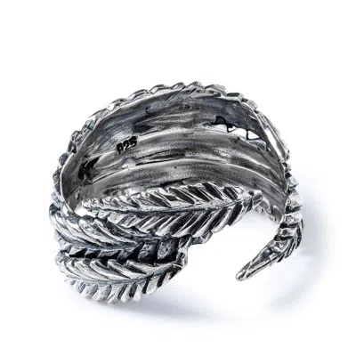 German Kabirski Women's Bryo Unisex Oxidized Silver Ring With Textured Leaf Design