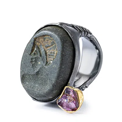 German Kabirski Women's Gold / Black / Pink Faravahr Silver Ring With Antique Near Eastern Sasanian Hemispherical St In Multi