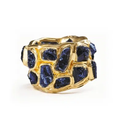 German Kabirski Women's Gold / Blue Alcina Gold Plated Silver Ring With Natural Raw Blue Sapphire
