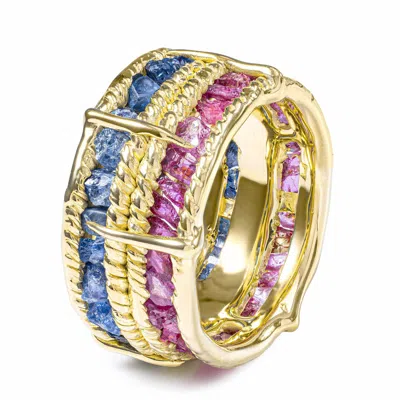 German Kabirski Women's Gold / Blue / Pink Tyra Handcrafted Gold Plated Silver Barrel Ring With Raw Blue Sapphire An