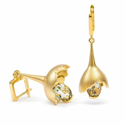 German Kabirski Women's Gold / Green Gobl Core Sculptural Bell Gold Plated Silver Earrings With Green Amethyst In Multi