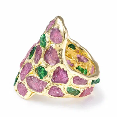 German Kabirski Women's Gold / Green / Pink Kelea Handcrafted Gold Plated Silver Ring With Raw Spinel And Tsavorite 