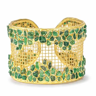 German Kabirski Women's Gold / Green Virtus Singular Edition Titanium Mesh And Silver Bangle In Gold With Rough Tsav In Multi
