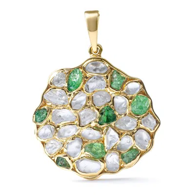 German Kabirski Women's Gold / Green / White Saori Handcrafted Disc Pendant In Gold Plated Silver With Raw White Zir In Multi