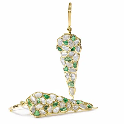 German Kabirski Women's Gold / Green / White Tarina Gold Plated Silver Earrings With Raw White Zircon And Tsavorite