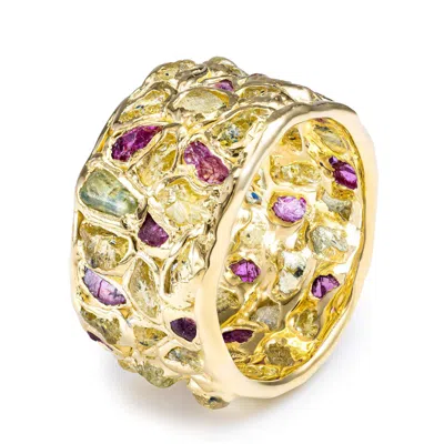 German Kabirski Women's Gold / Green / Yellow Lythara Handcrafted Gold Plated Silver Barrel Ring With Raw Ruby And Y