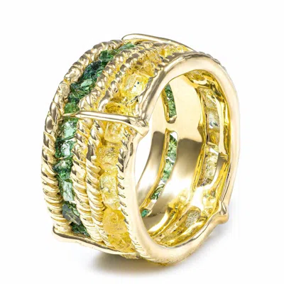 German Kabirski Women's Gold / Green / Yellow Tyra Handcrafted Gold Plated Silver Barrel Ring With Raw Yellow Sapphi