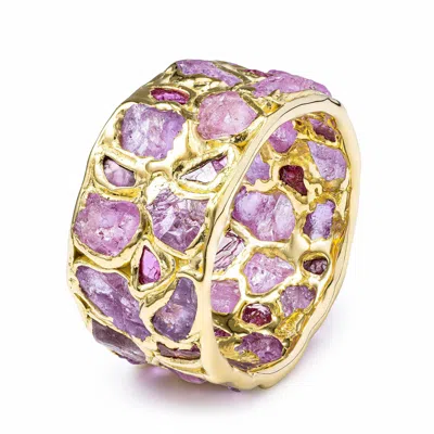German Kabirski Women's Gold / Pink / Purple Lythara Handcrafted Gold Plated Silver Barrel Ring With Raw Pink Sapphi