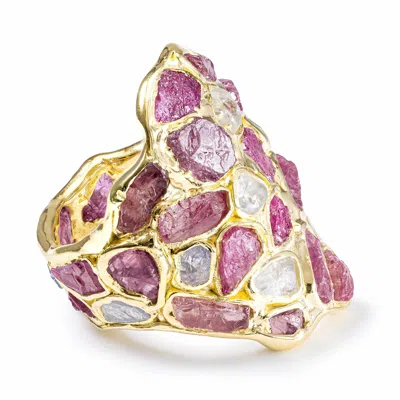 German Kabirski Women's Gold / Pink / White Kelea Handcrafted Gold Plated Silver Ring With Natural Raw White Zircon 