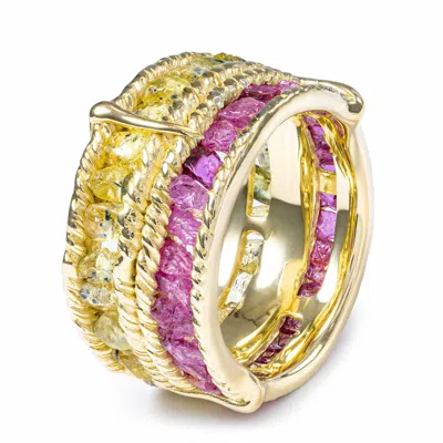 German Kabirski Women's Gold / Pink / Yellow Tyra Handcrafted Barrel Ring With Raw Sapphire And Ruby In Gold Plated 