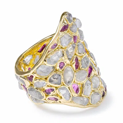 German Kabirski Women's Gold / White / Pink Kelea Handcrafted Gold Plated Silver Ring With Raw Natural White Zircon 