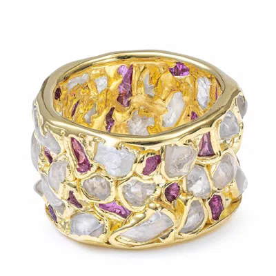 German Kabirski Women's Gold / White / Pink Lythara Barrel Ring With Raw Natural White Zircon And Ruby In Gold Plate In Multi