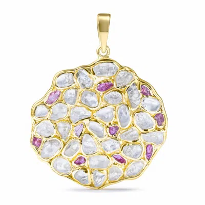 German Kabirski Women's Gold / White / Pink Saori Handcrafted Gold Plated Silver Disc Pendant With Raw White Zircon 