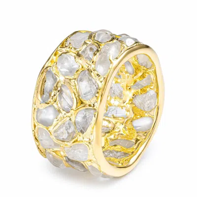 German Kabirski Women's Gold / White Thia Handcrafted Gold Plated Barrel Ring With Raw Natural White Zircon Mosaic In Multi