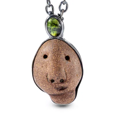 German Kabirski Women's Green / Brown Anima Silver Pendant With Ancient Mediterranean Limestone Maskette And Green T In Multi