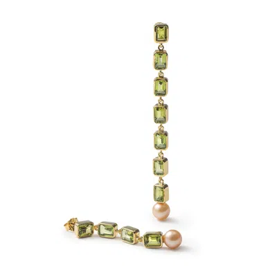 German Kabirski Women's Green Vera Asymmetric Gold Plated Silver Earrings With Peridot And Pearl