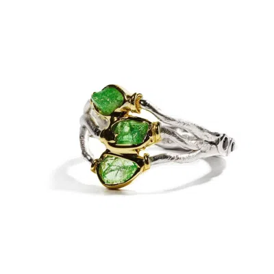 German Kabirski Women's Green Vogg Handcrafted Silver Ring With Raw Tsavorite And Black Spinel