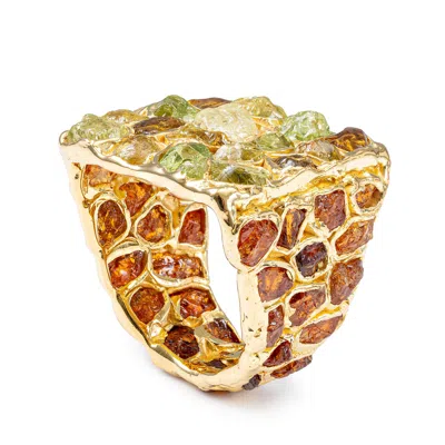 German Kabirski Women's Orange / Green Eris Singular Design Gold Plated Silver Signet Ring With Spessartine And Mali In Multi