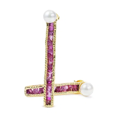 German Kabirski Women's Pink / White / Red Esther Asymmetric Earrings With Raw Ruby & White Cultured Pearl In Multi